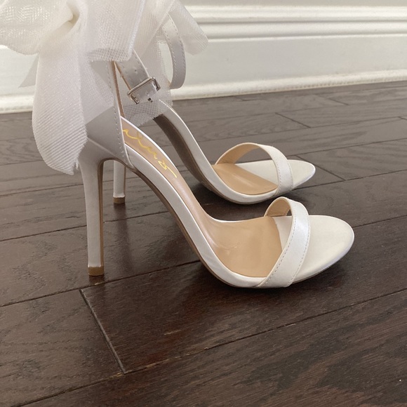 Lulus Ayanna Ivory Satin Bow Ankle Strap High Heel Sandals Size 6.5 - Picture 9 of 16